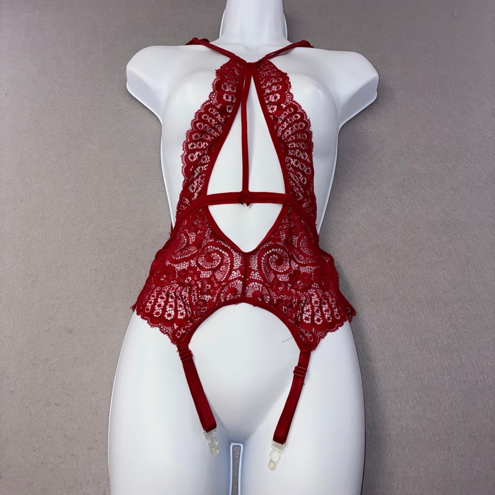 Escante Lace Teddy Womens Small Red Cutout Garter Straps 37791